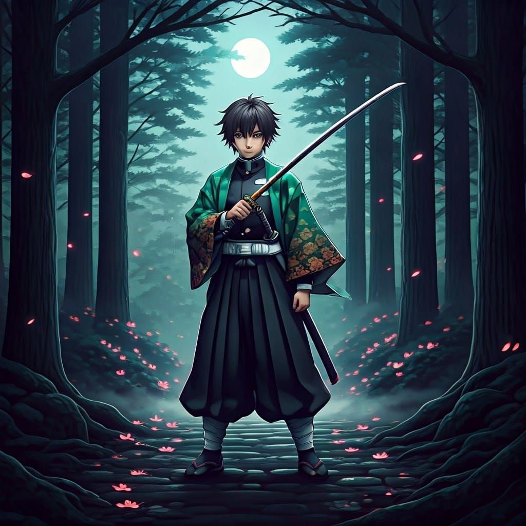 Heroic Demon Slayer in Moonlit Forest, Inspired by Dark Fant...