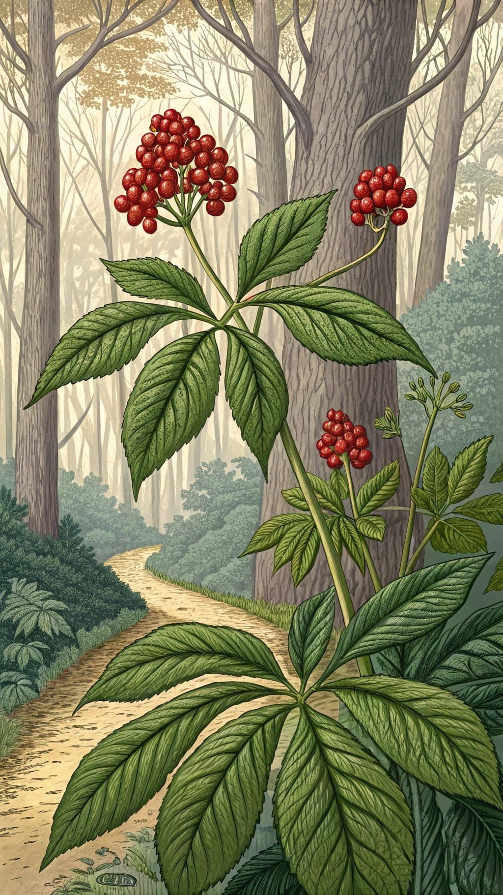 Vibrant Woodcut of American Ginseng