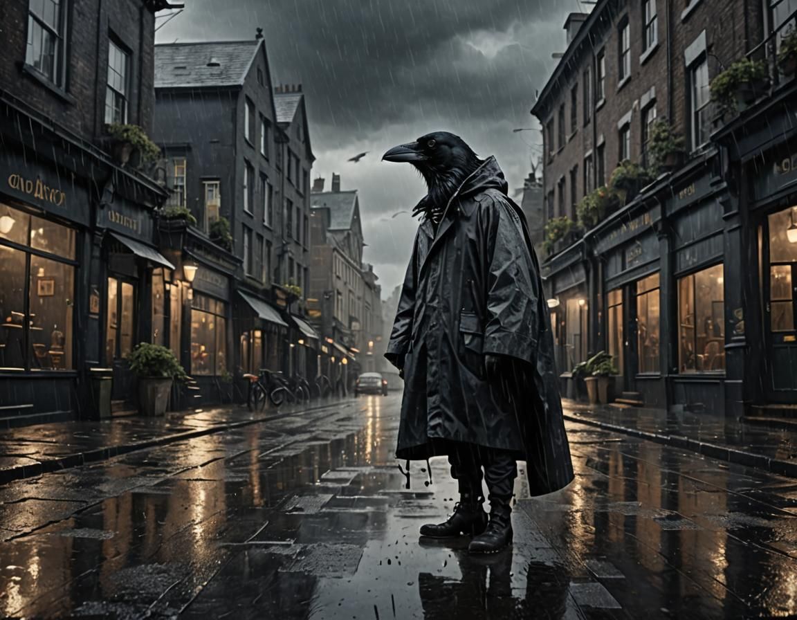 Crow in Raincoat: Dramatic Digital Painting