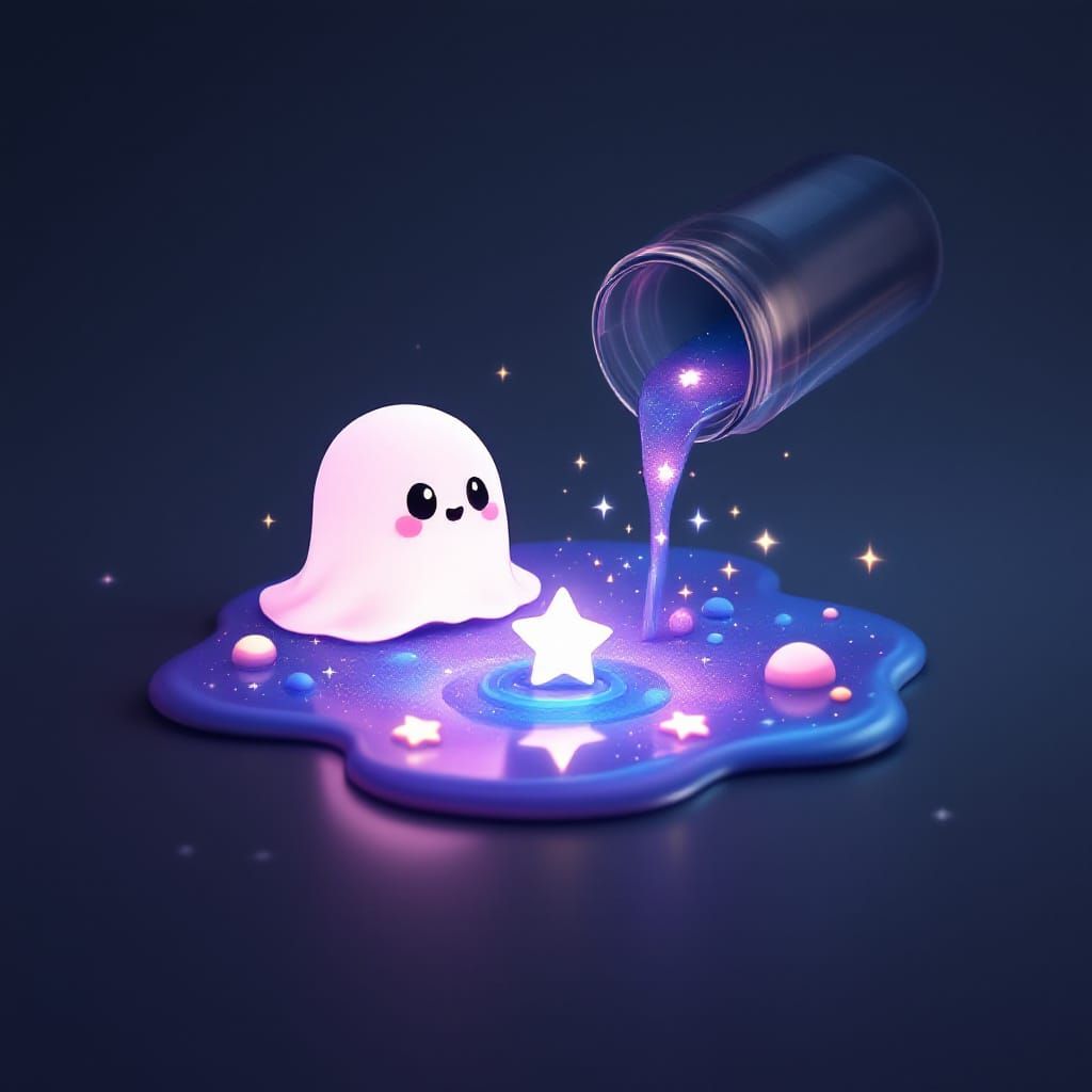 Cute Glowing Ghost Floats Over Cosmic Galaxy Puddle