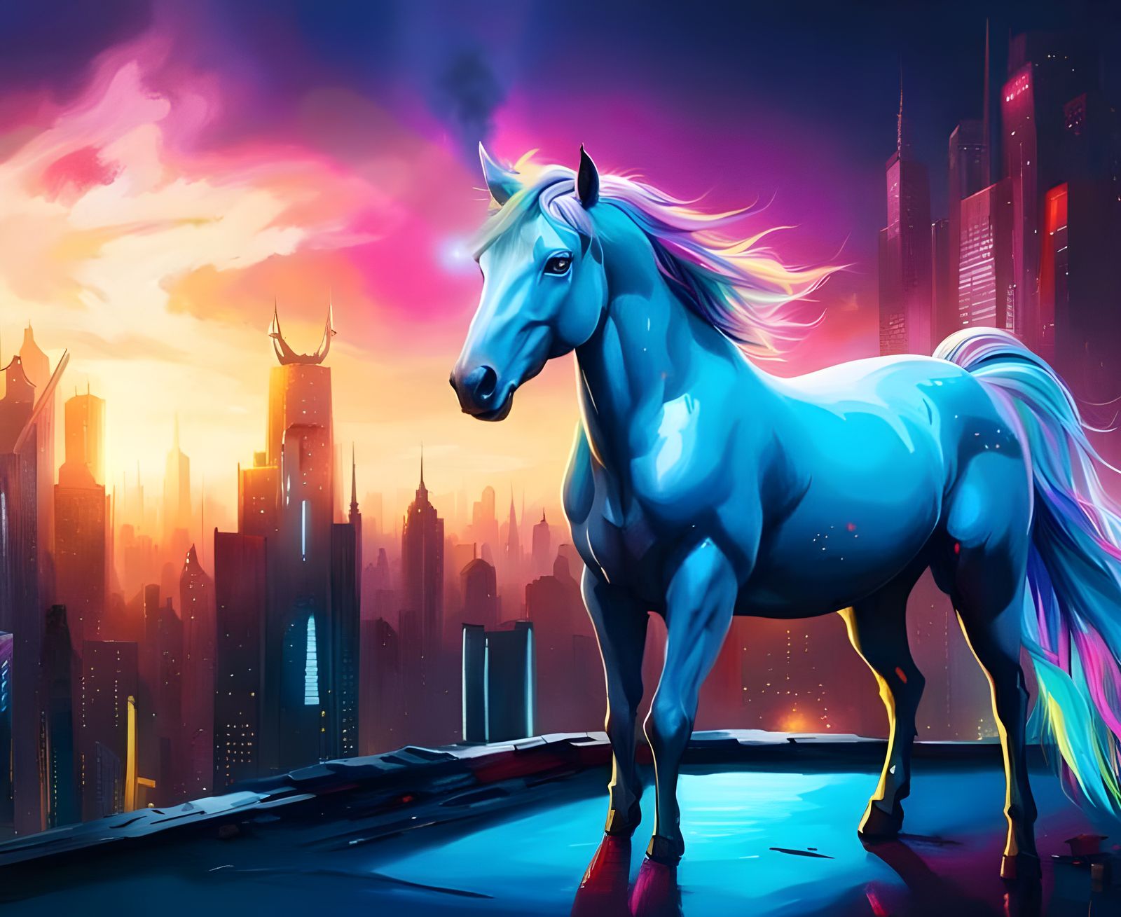Cyberpunk Unicorn in Starry Blue Neon Fire