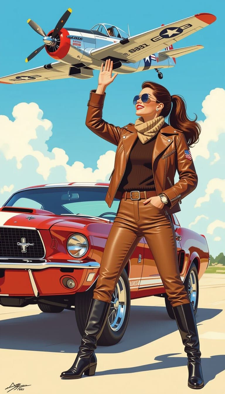 Brunette Pilot and Jet in Comic Book Style