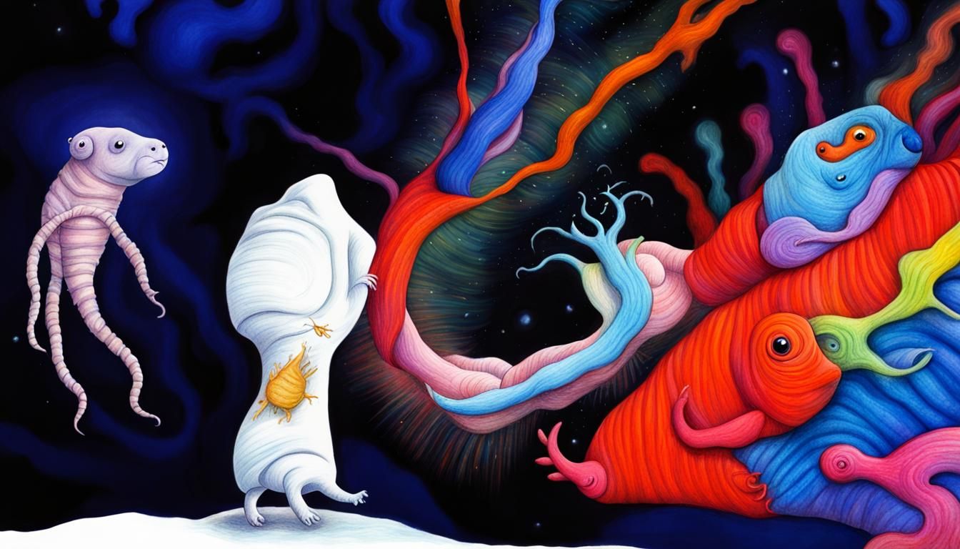 Tardigrade's Struggle: A Colorful Storybook Pencil Drawing