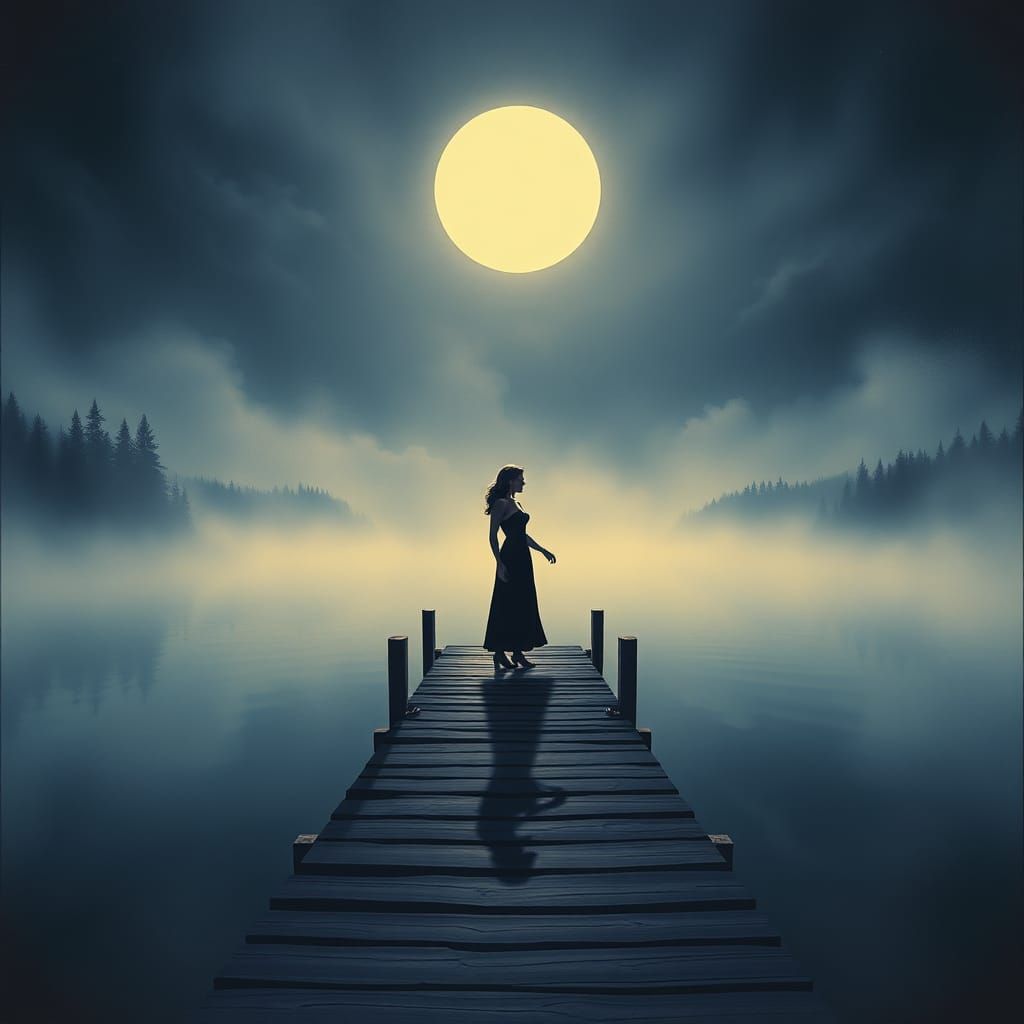 Moonlit Dock: Film Noir Pulp Fiction Illustration