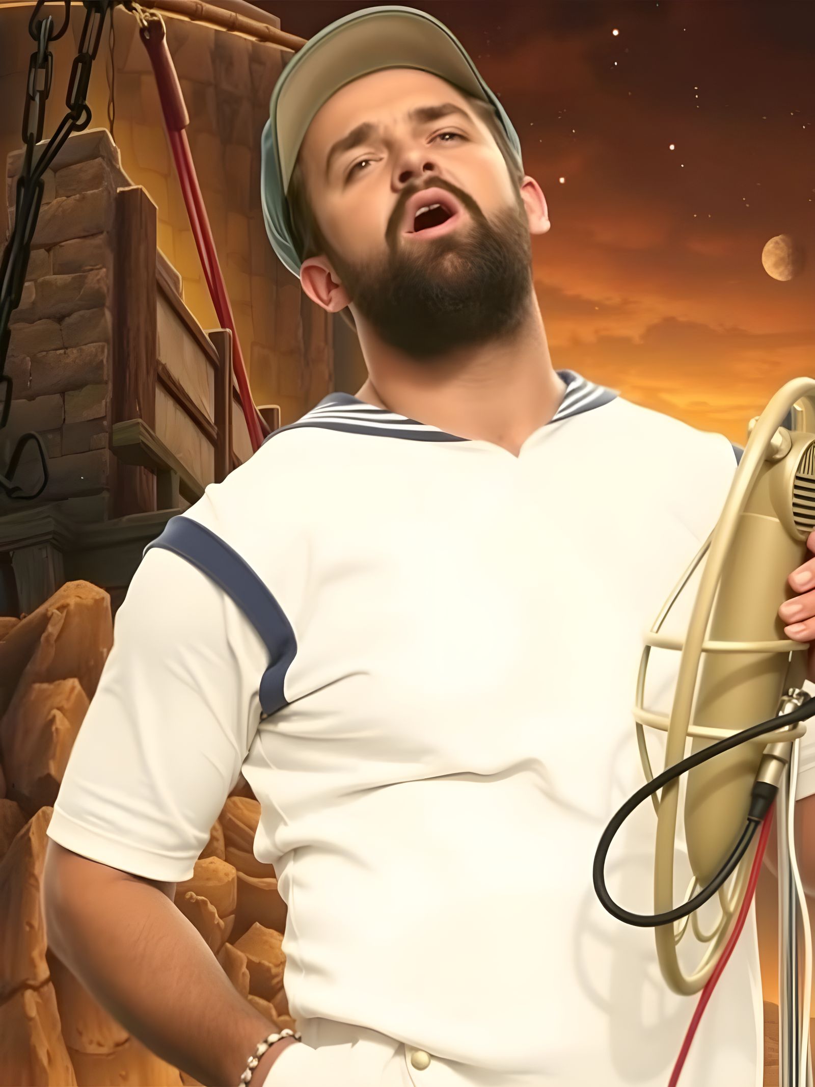 Nostalgic Musician in Sailor Suit on Rocky Coast