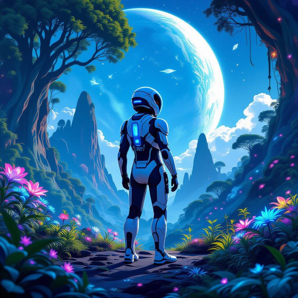 Astronaut on Pandora with Bioluminescent Flora in Retro Sci-...