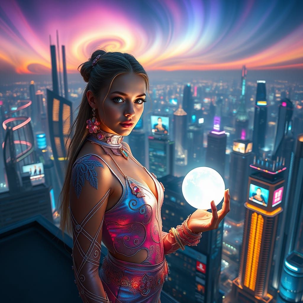 Surreal Night City Goddess with Glowing Orb