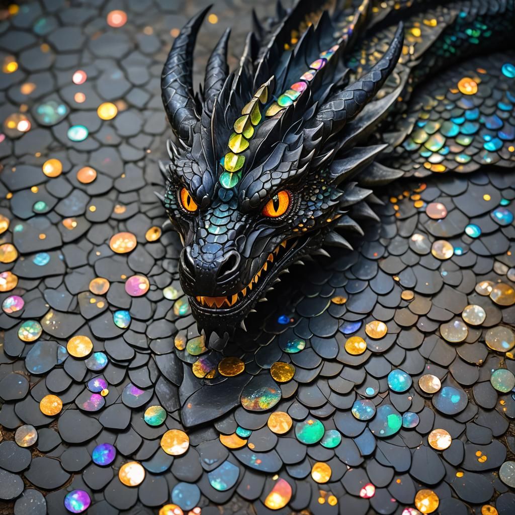Magnificent Black Dragon with Iridescent Scales