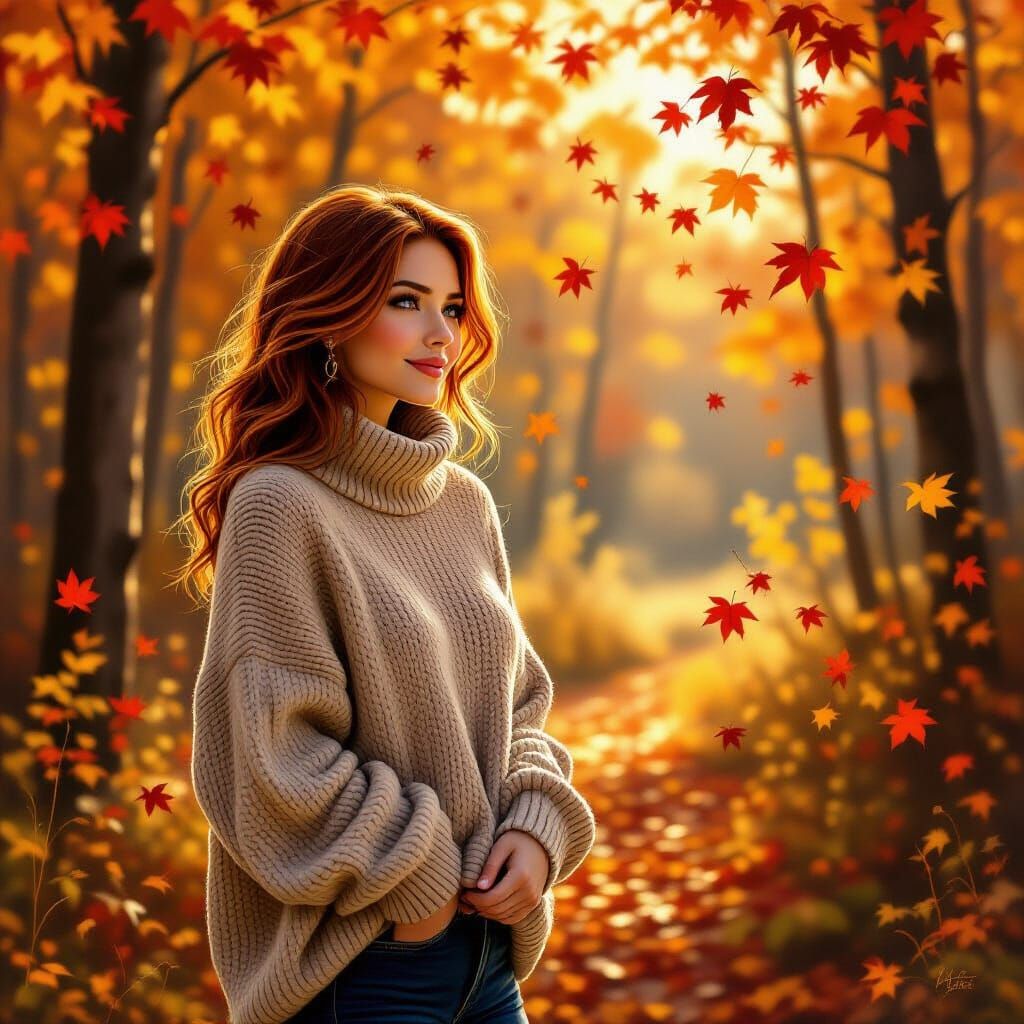 Woman Enjoying Golden Autumn Forest Light
