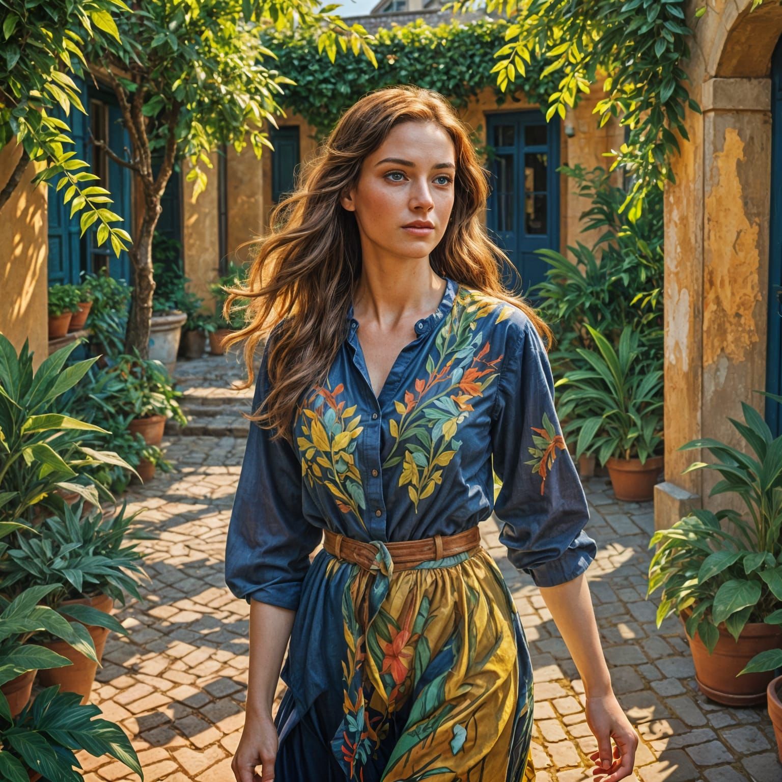 Woman in Sunlit Courtyard: Fauvist Portrait