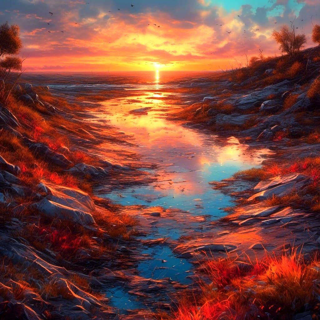 Sunset Through Shattered Glass: Detailed Photorealistic Land...