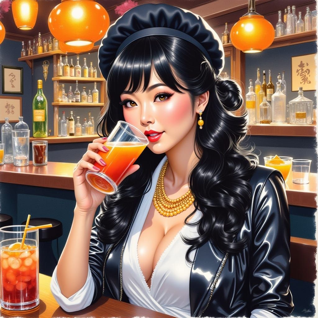 Asian Woman Enjoys Drink in Vibrant Watercolor Style
