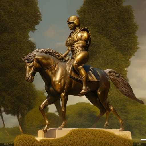 Man O' War Gold Statue in Park, Detailed Digital Art