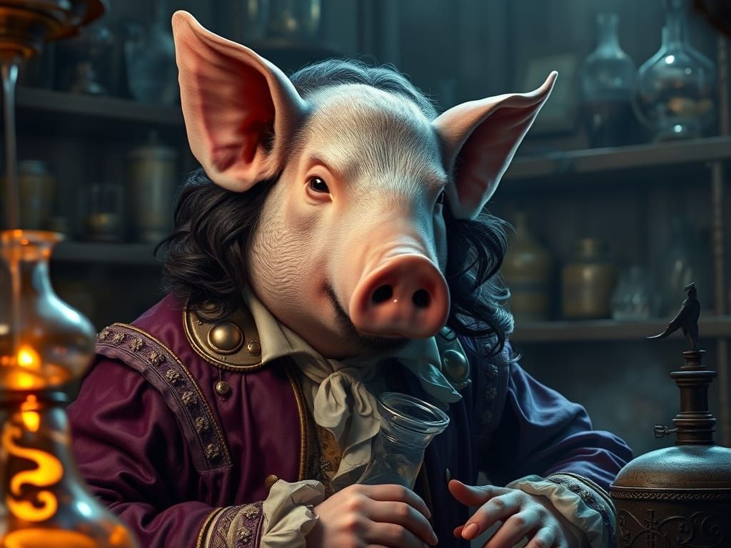 Pig-Headed Alchemist in Baroque Dark Fantasy Style
