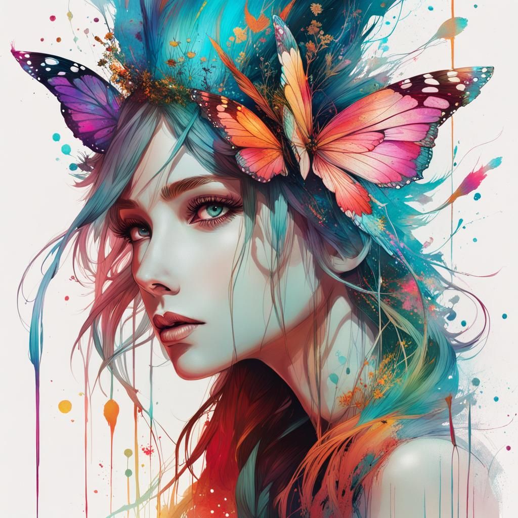 Whimsical Fairy Portrait in Splatter Art Style