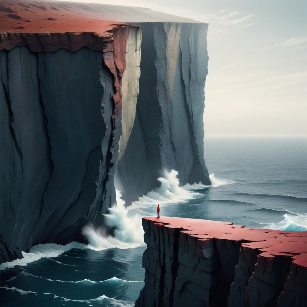 Surreal Figures on a Vast Ocean Cliff