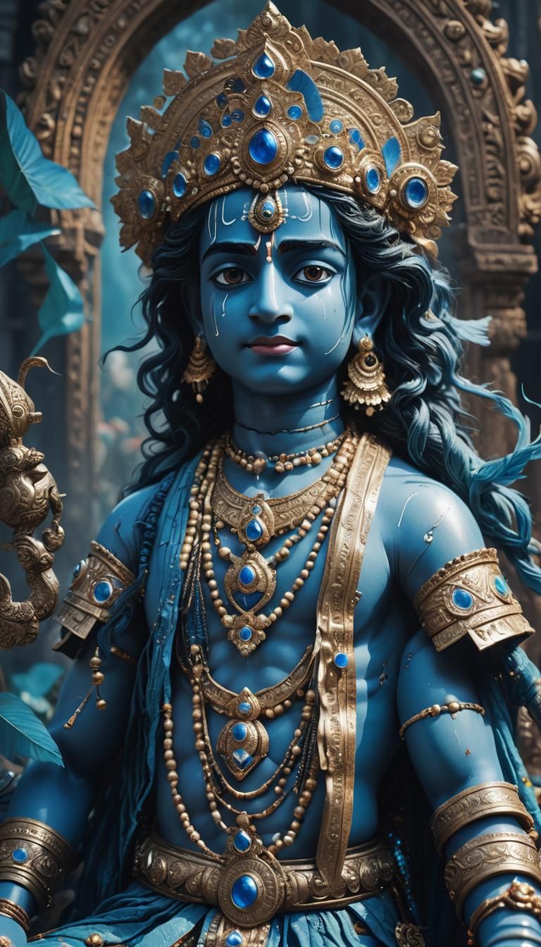 a blue Lord Krishna with bright blue eyes.”, haze, ultra-detailed, film photography, light leaks, Larry Bud Melman, tren...