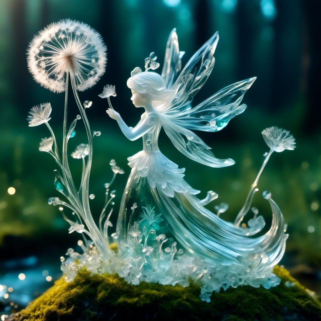 Glass Fairy Blowing Dandelion in Magical Forest