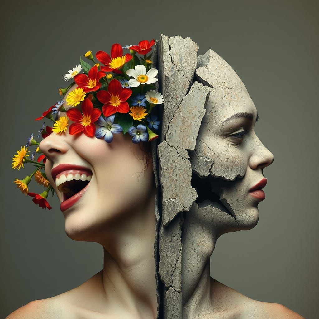 Laughing and Weeping Person with Flowers and Stone