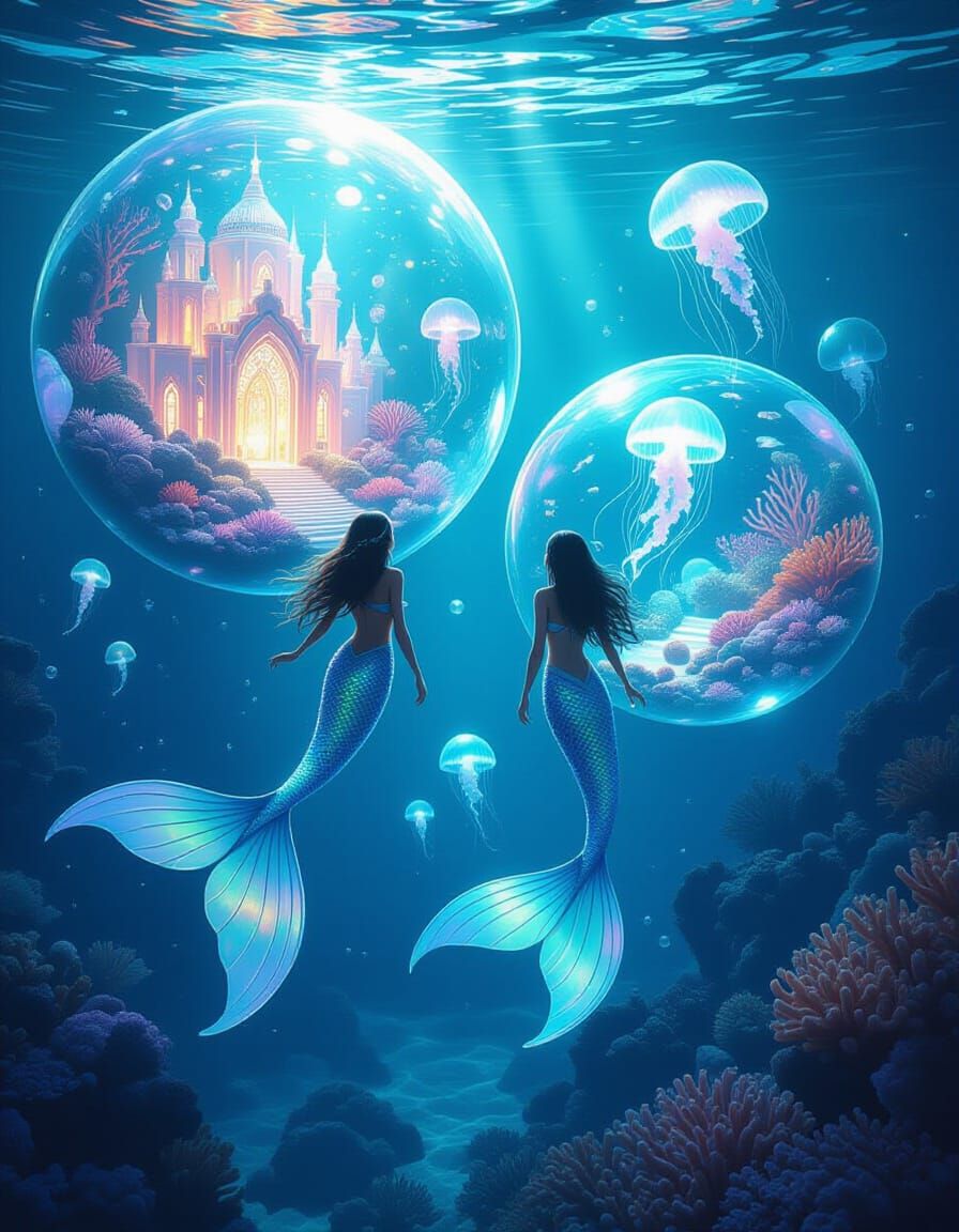 Underwater Mermaids in Bioluminescent Coral Habitat