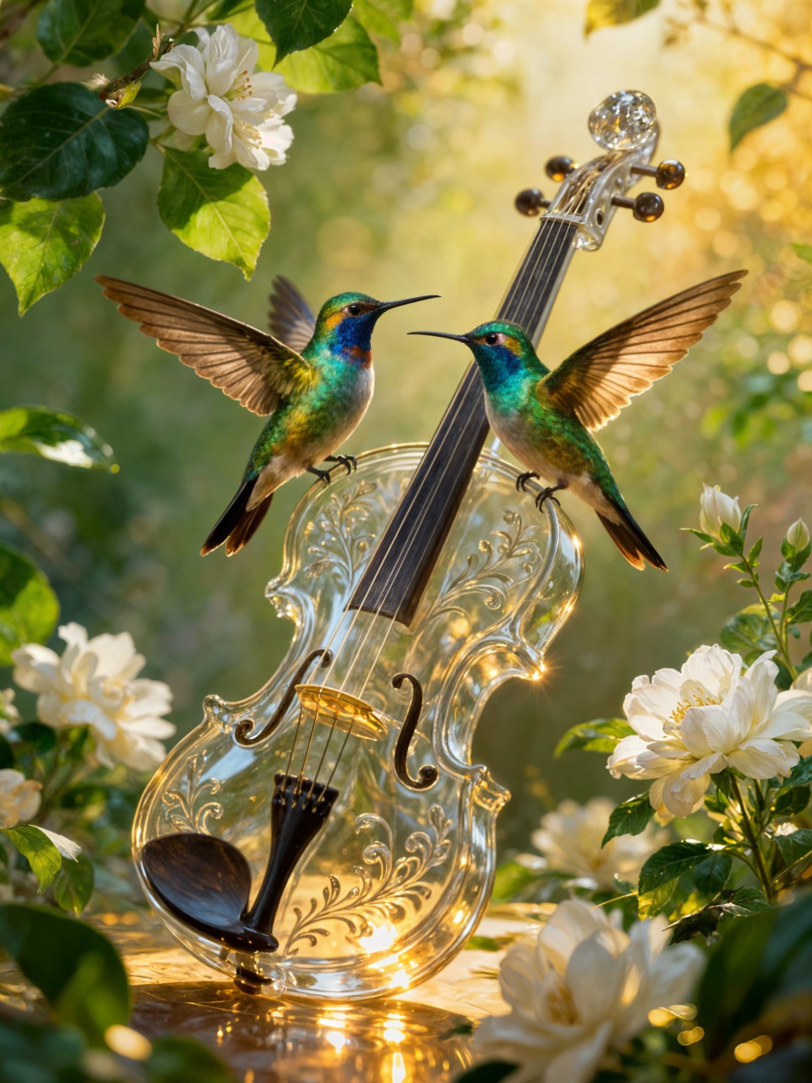Hummingbirds on Glass Violin in Golden Light