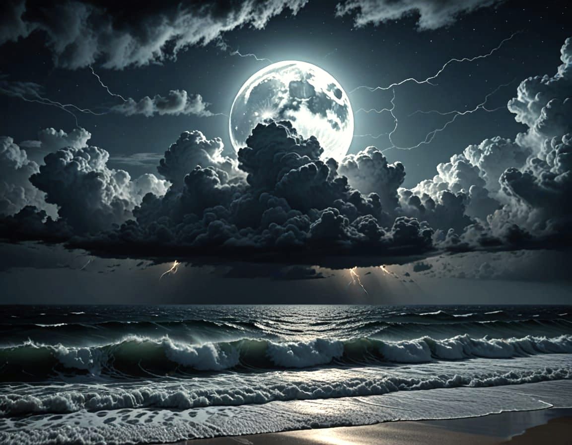 Dramatic Night Ocean Thunderstorm Under Bright Moonlight
