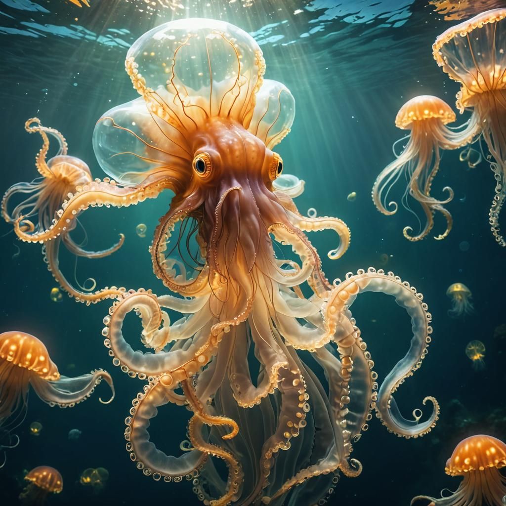 Giant Glowing Cephalopod in Ocean