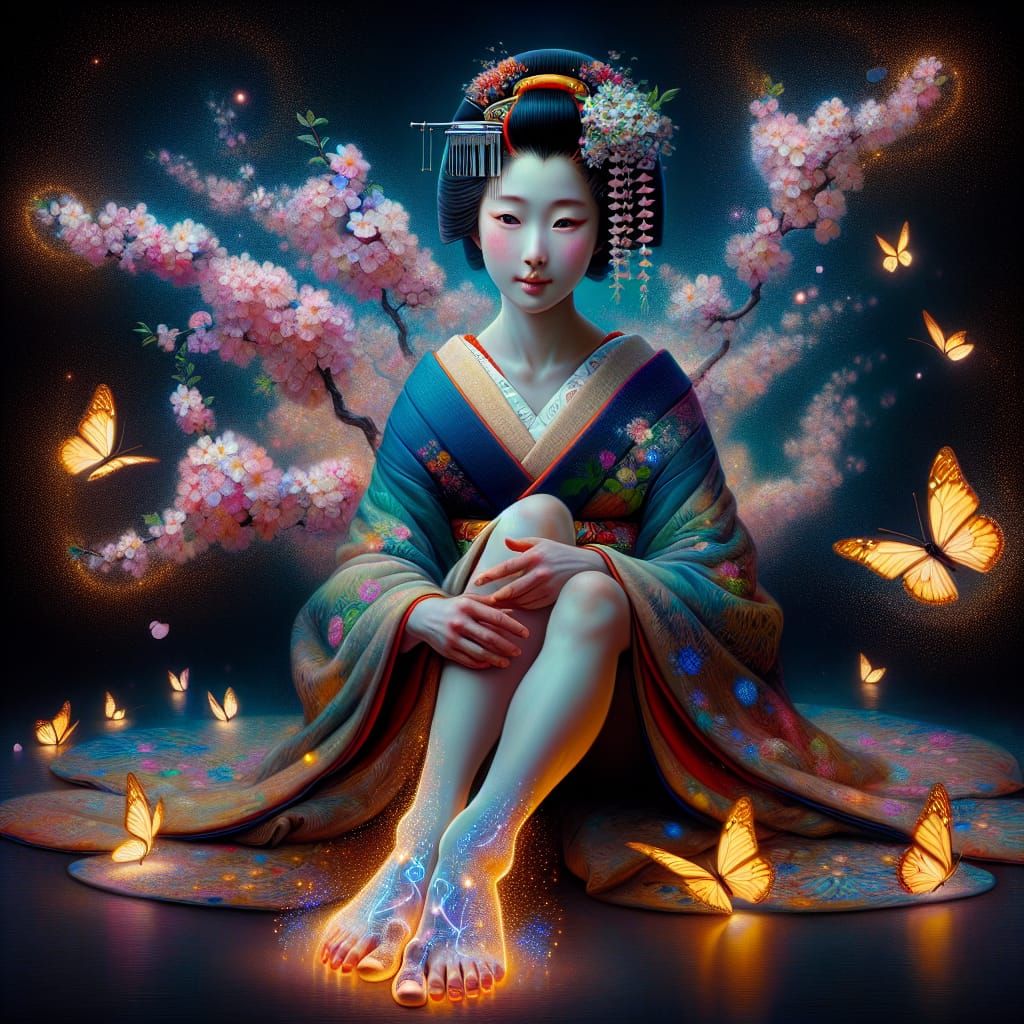 Geisha Bathed in Bioluminescence, Inspired by Classical Art