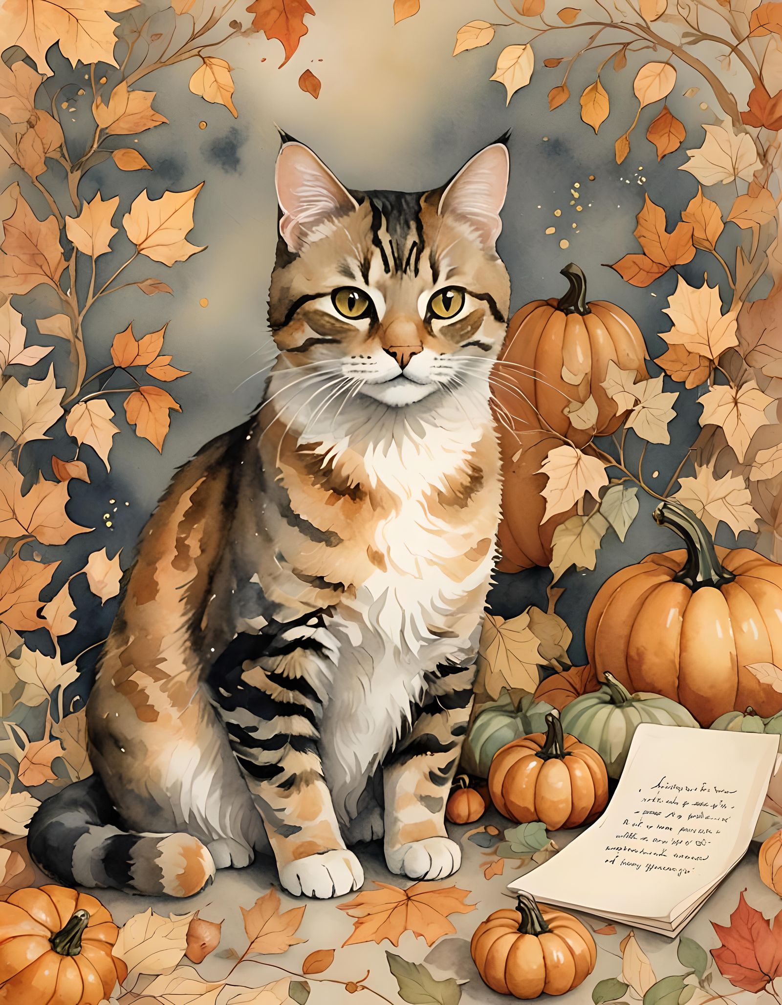 Vintage Cat with Autumnal Decor Illustration