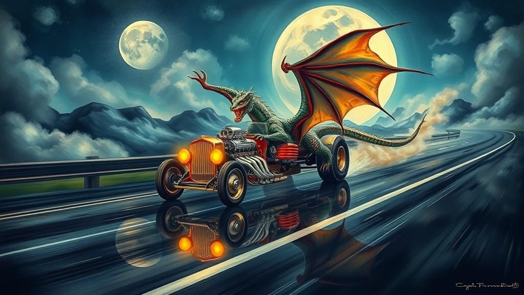 Dragon in Gasser Hot Rod on Moonlit Highway