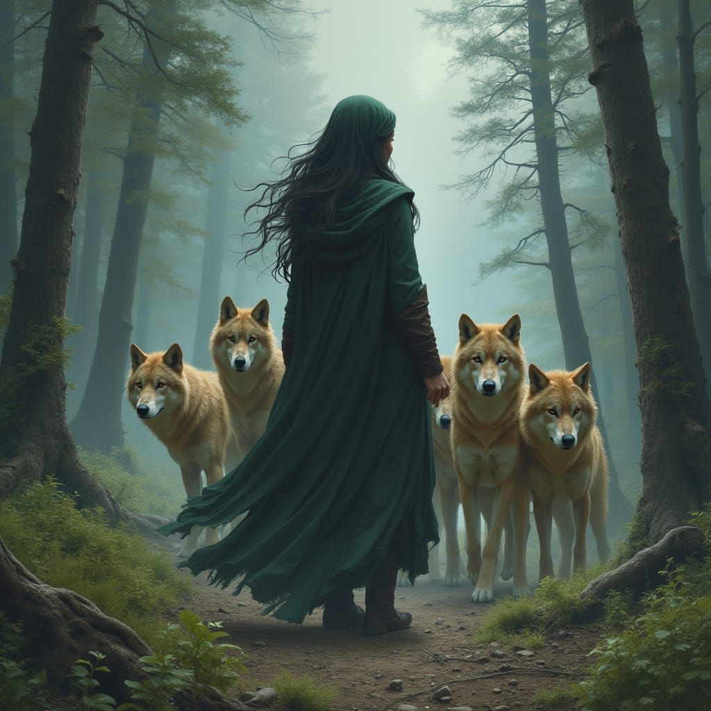 Woman and Wolves in Misty Forest, Fantasy Art