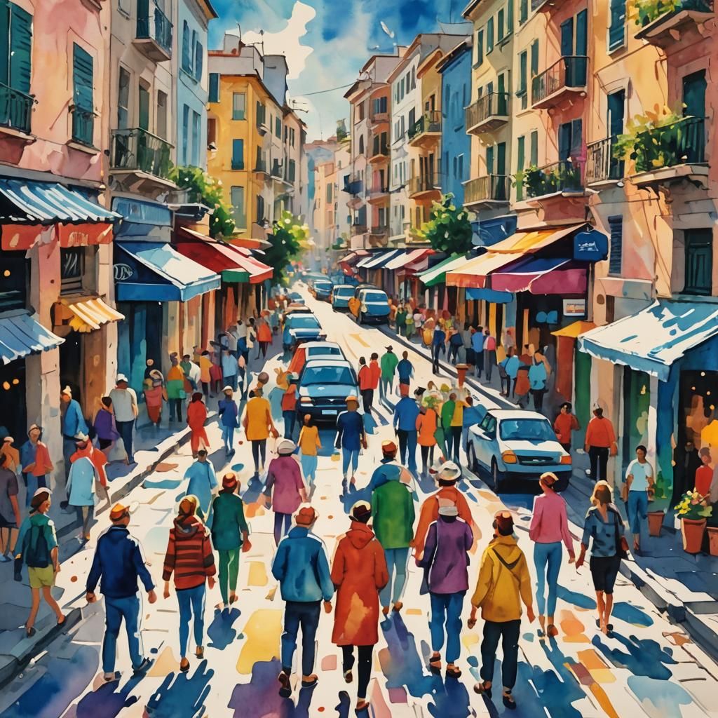 Athens Street Scene in Gouache Impressionist Style
