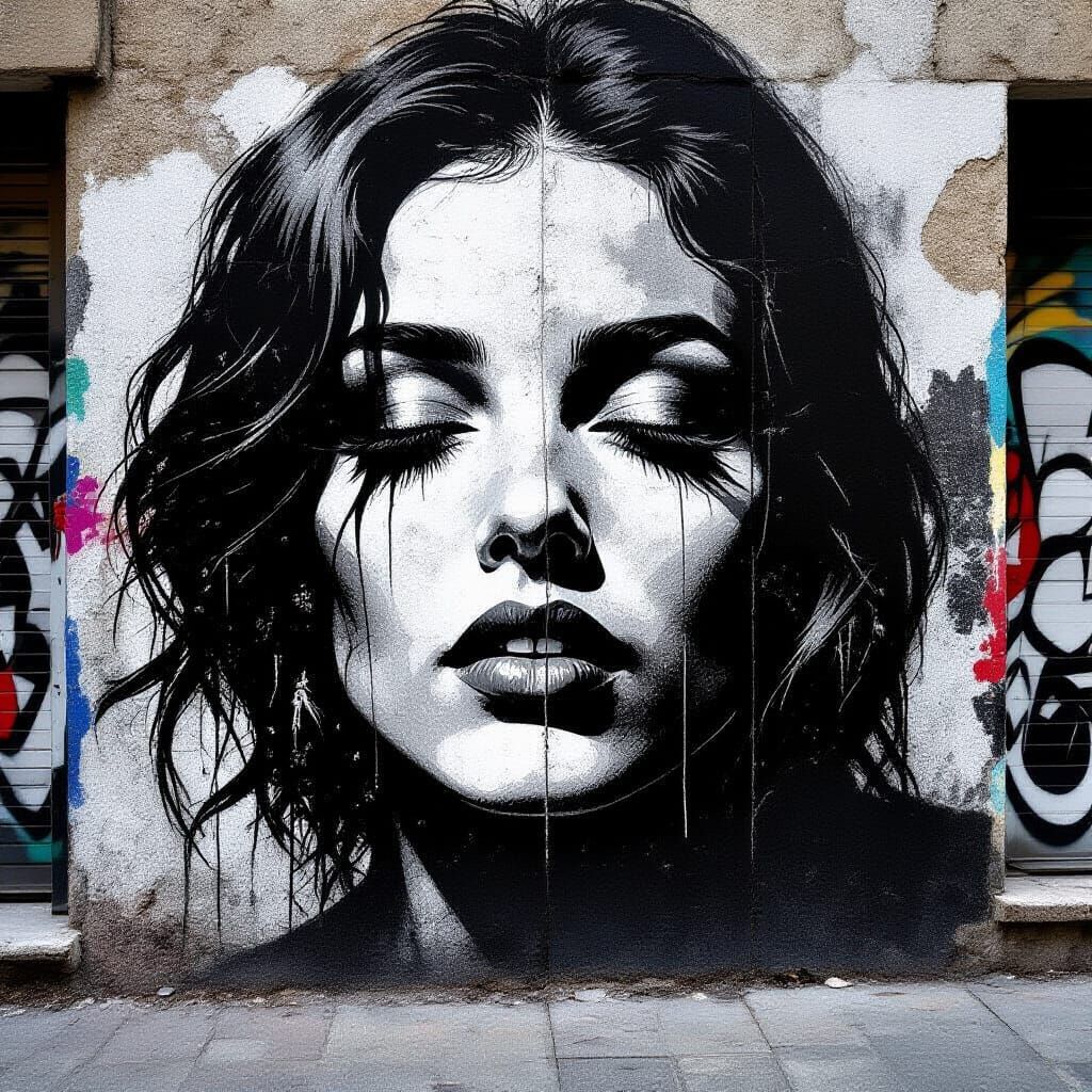 Gritty Goth Street Art Mural in Black and White