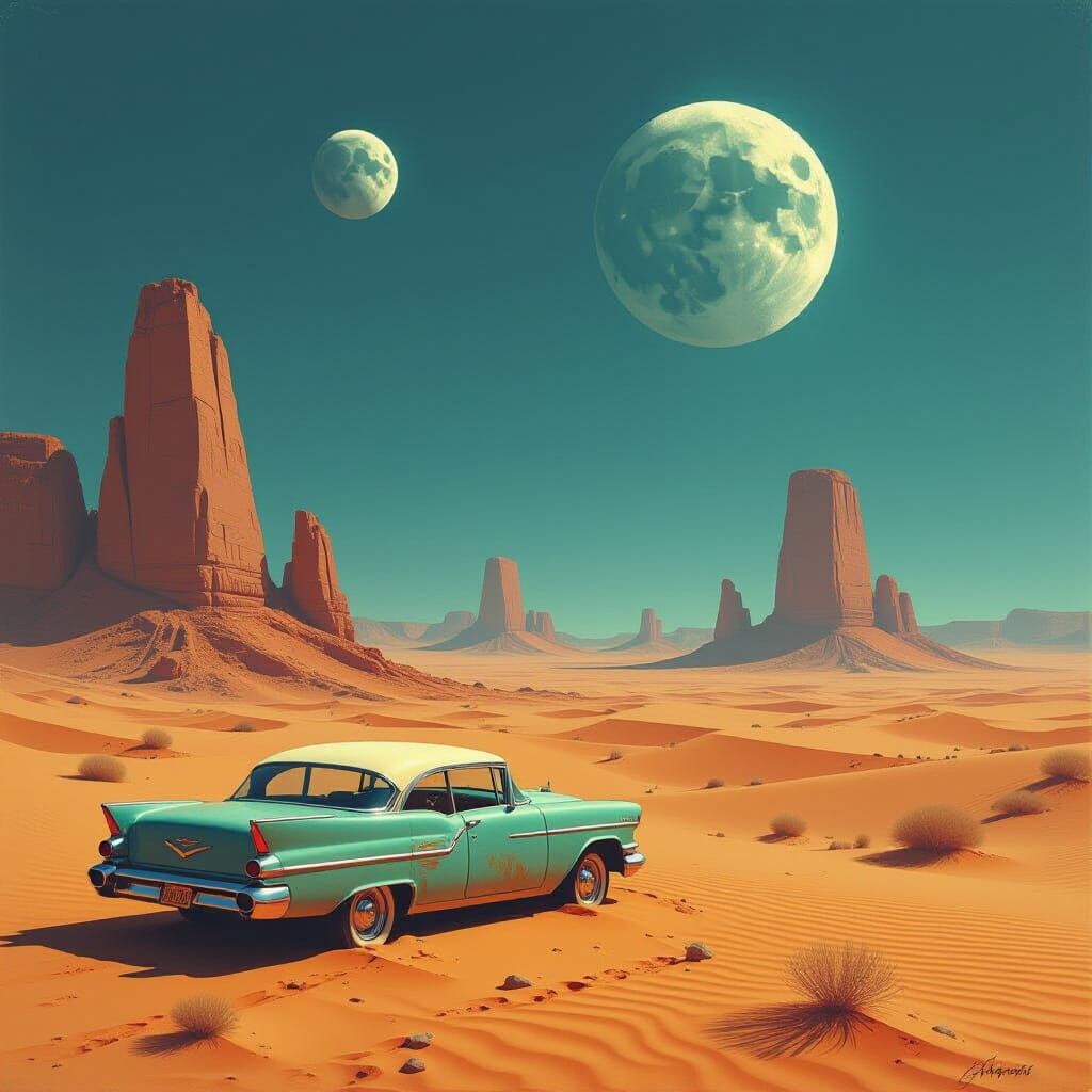 Abandoned Car in Two-Moon Desert with Ancient Structures