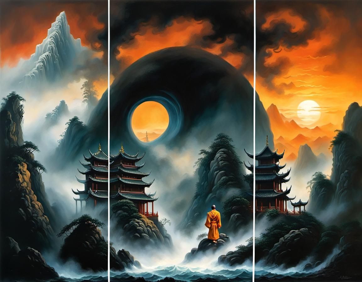 Misty Kung Fu Monk Airbrush Painting