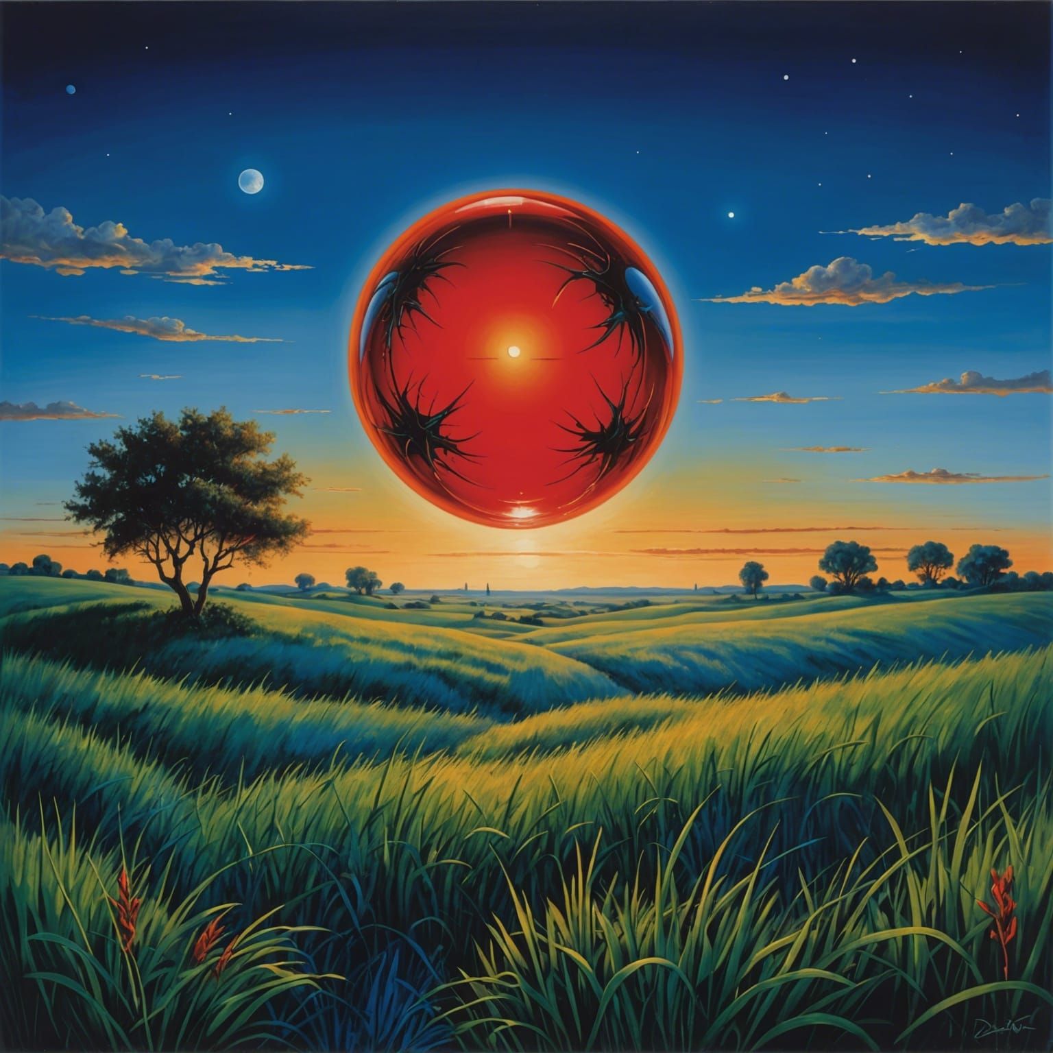 Red Sphere in Evening Sky, Surreal Oil Painting