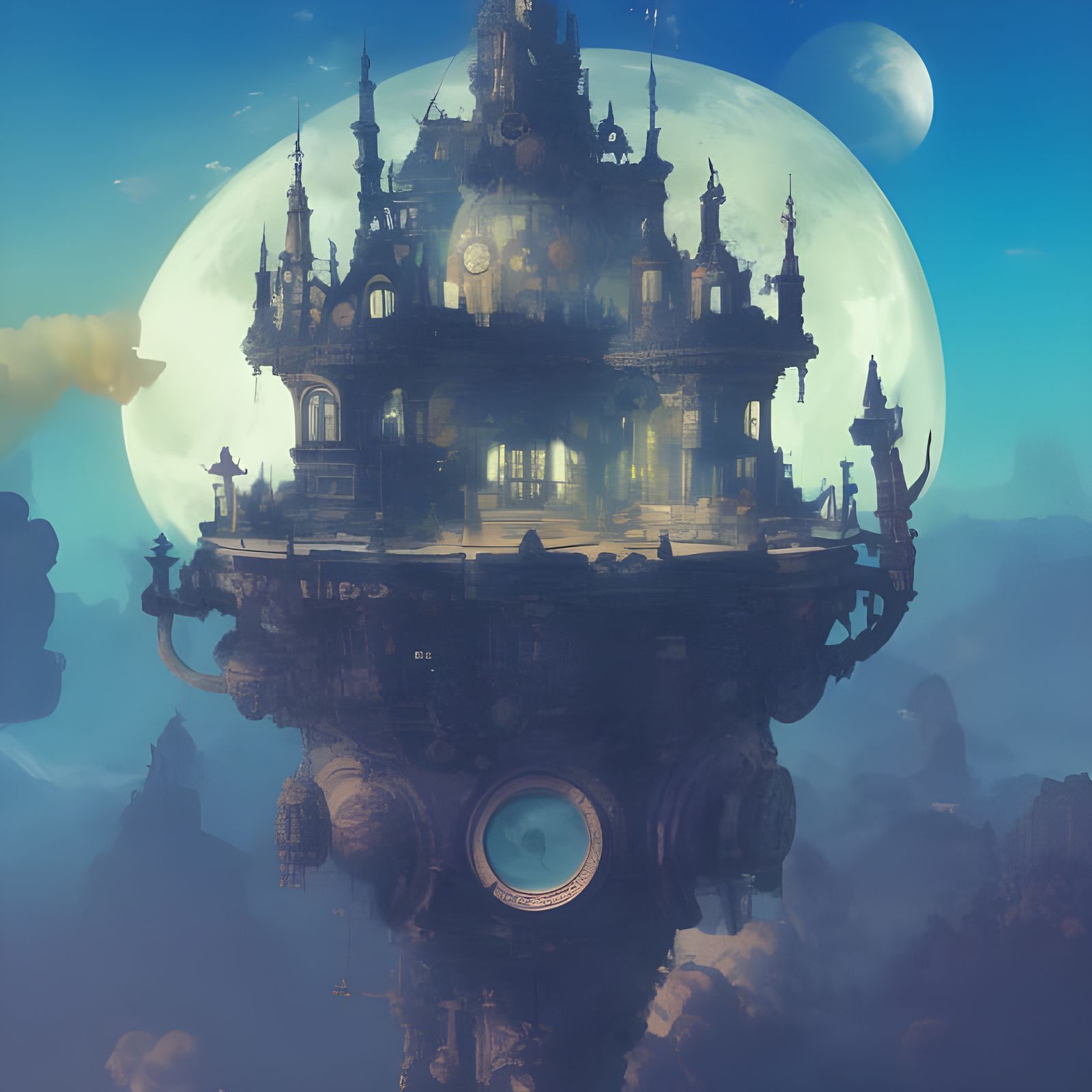 Steampunk Rococo Castle on Asteroid, Digital Illustration