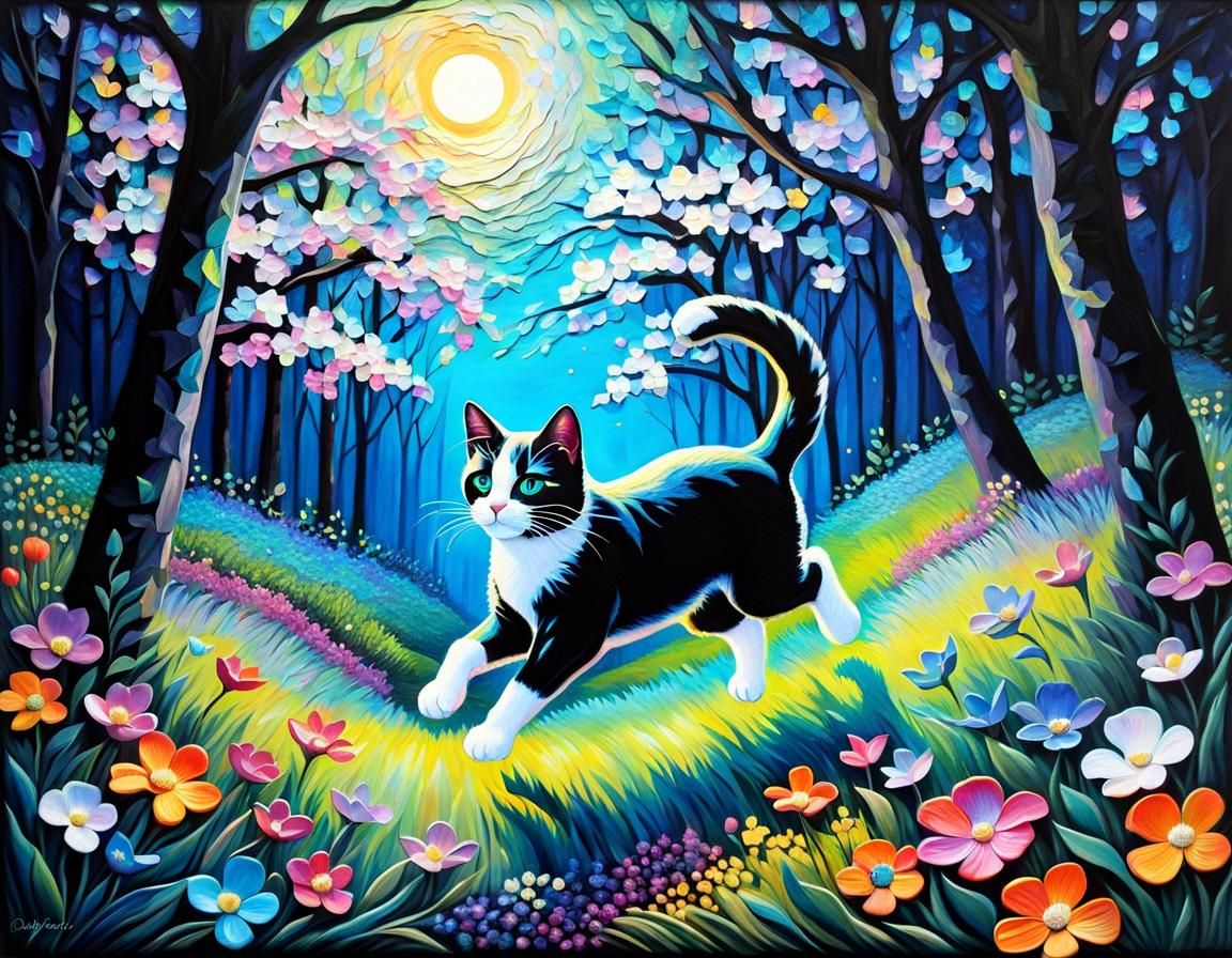 Cat in Moonlit Forest: Opalescent Iridescent Impasto