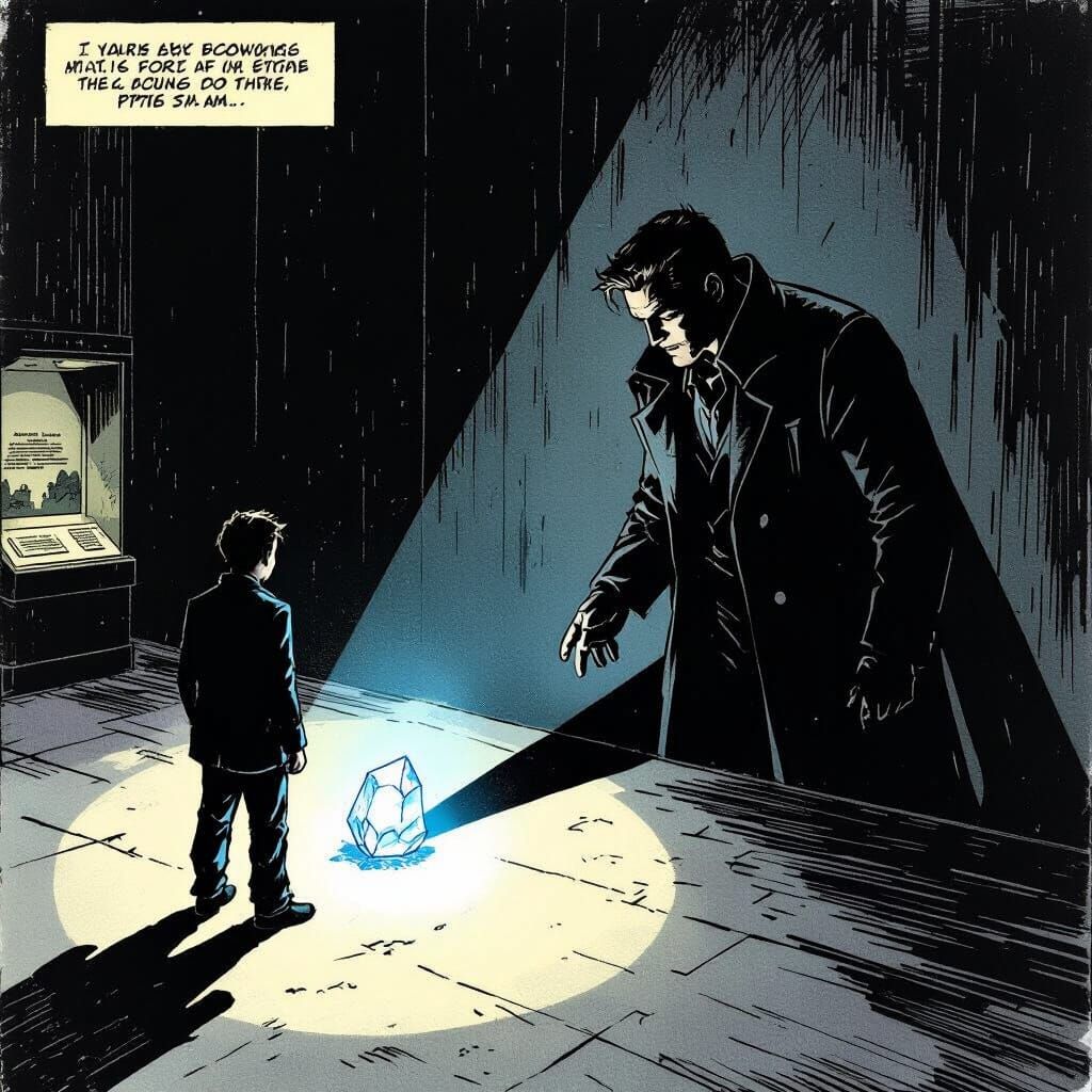 Man's Shadow Reaches for Blue Crystal in Museum