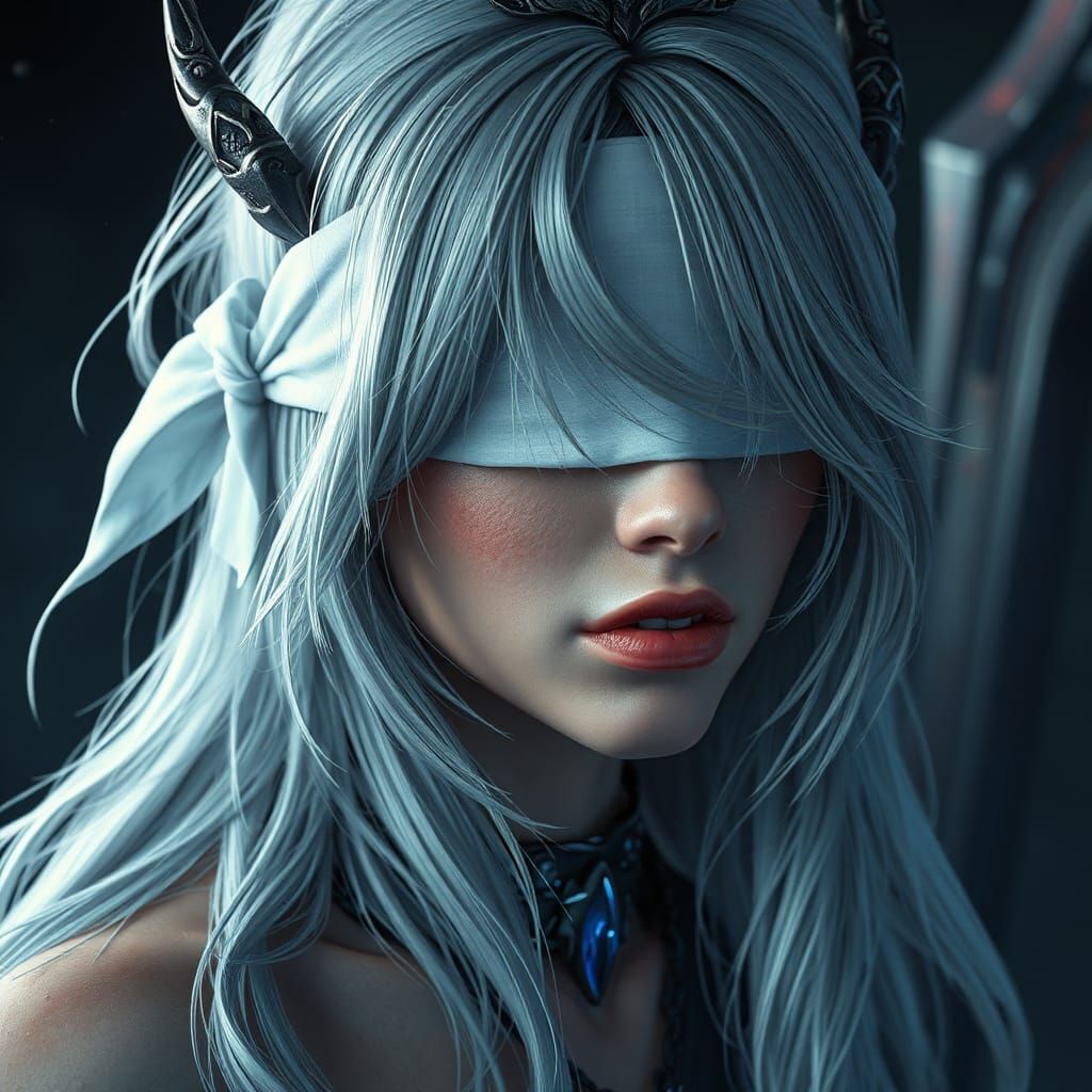 Silver-Haired Siren with Blindfold in Detailed Digital Art