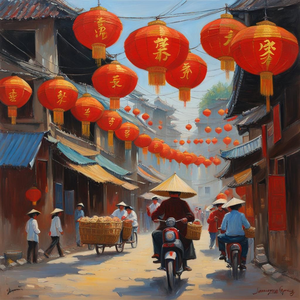 Vibrant Vietnam Lunar New Year Oil Painting