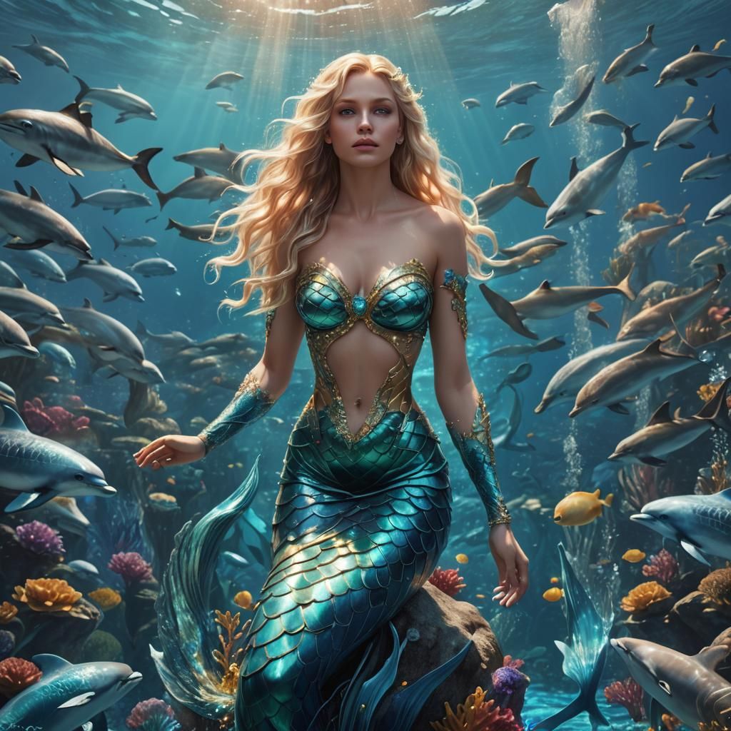 Blonde Mermaid Goddess in Crystal Blue Ocean