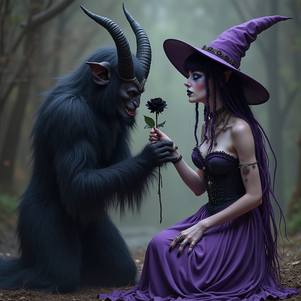 Krampus Offers Rose to Witch in Dark Fantasy Art