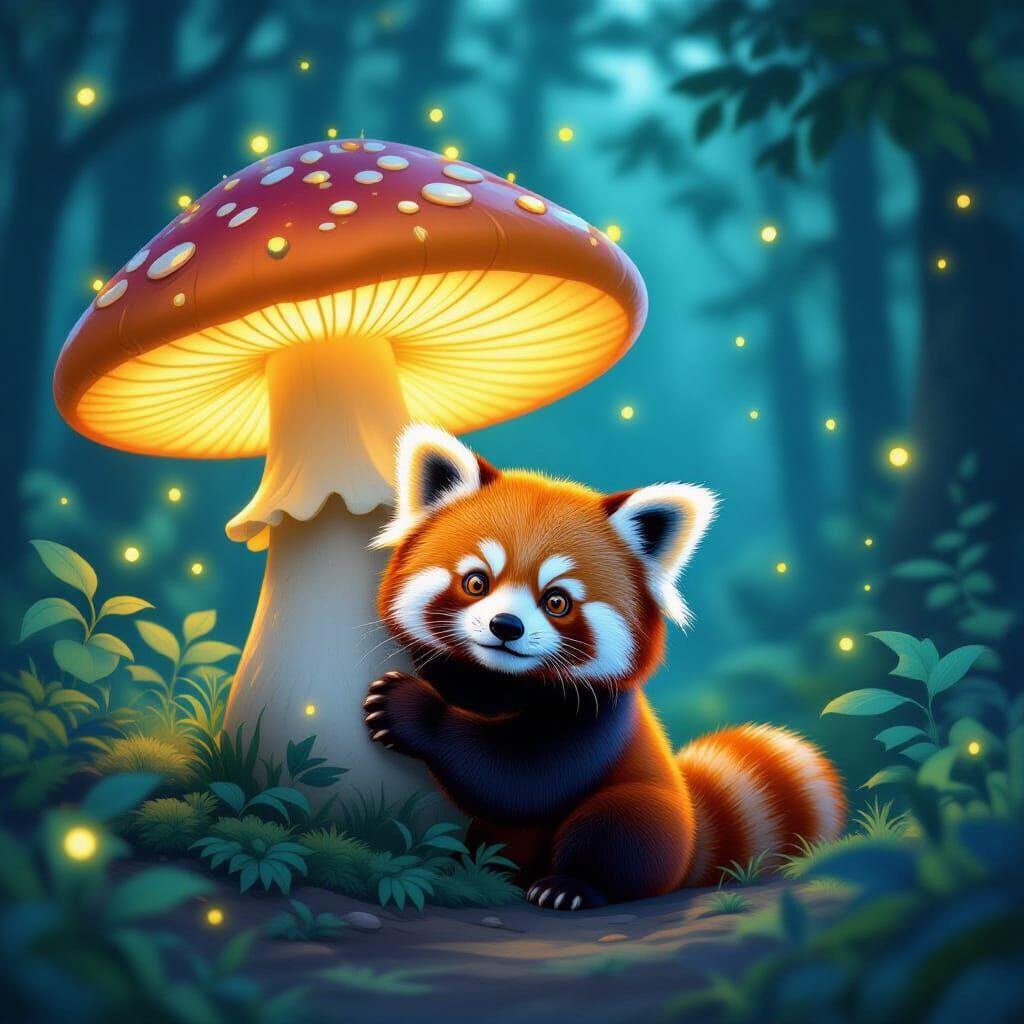 Red Panda & Luminous Mushroom in Enchanted Forest at Night
