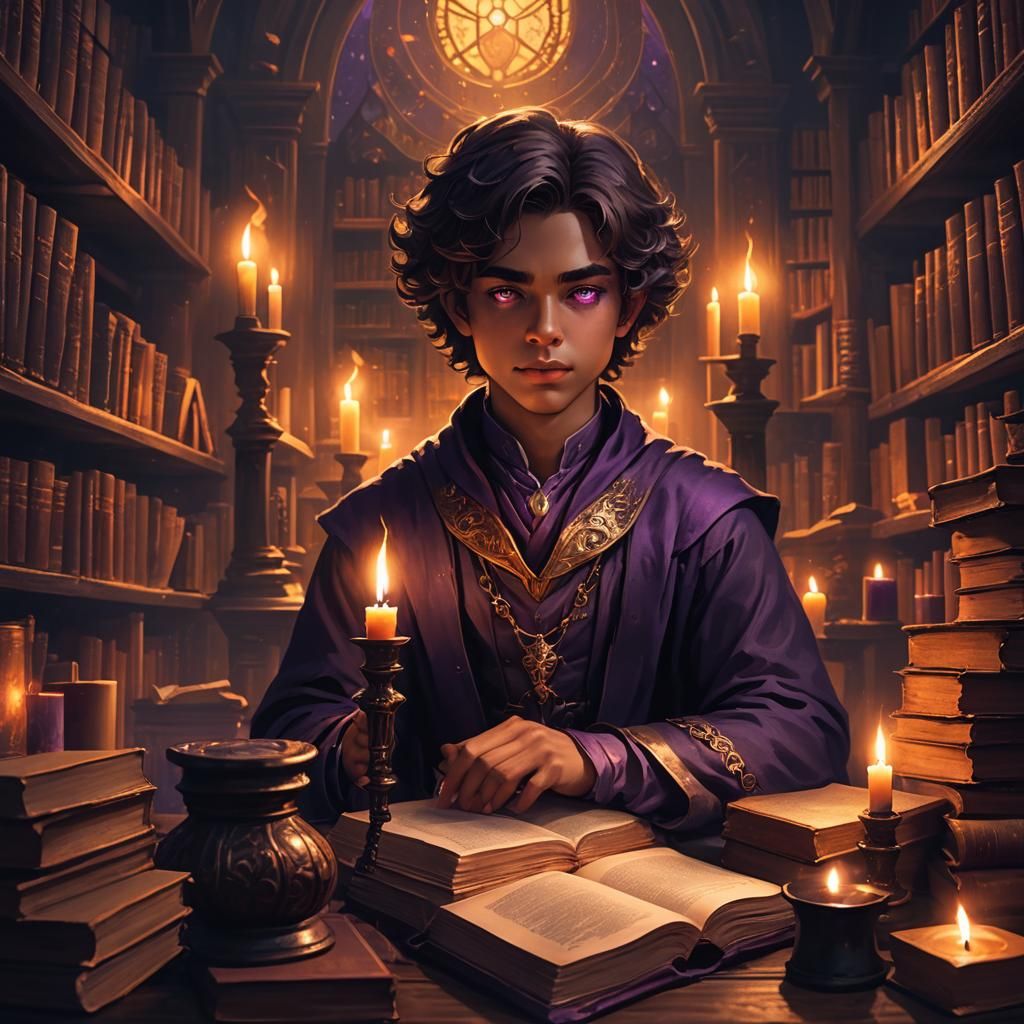 Mage with Glowing Eyes in Dark Academia Library