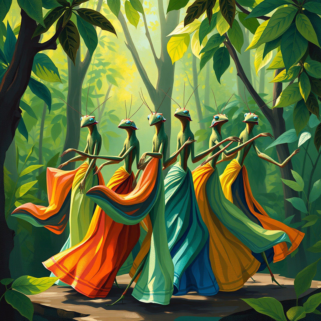 Praying Mantises Dance in Fauvist Forest