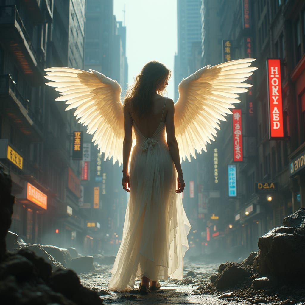 Angel in Cyberpunk Cityscape, Dark Fantasy Style