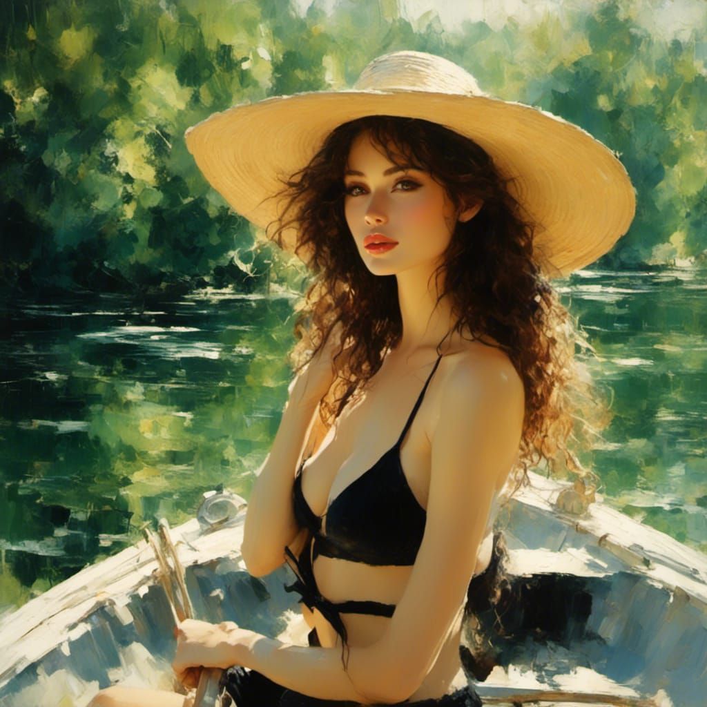 Woman on Boat in Impressionistic Oil Painting
