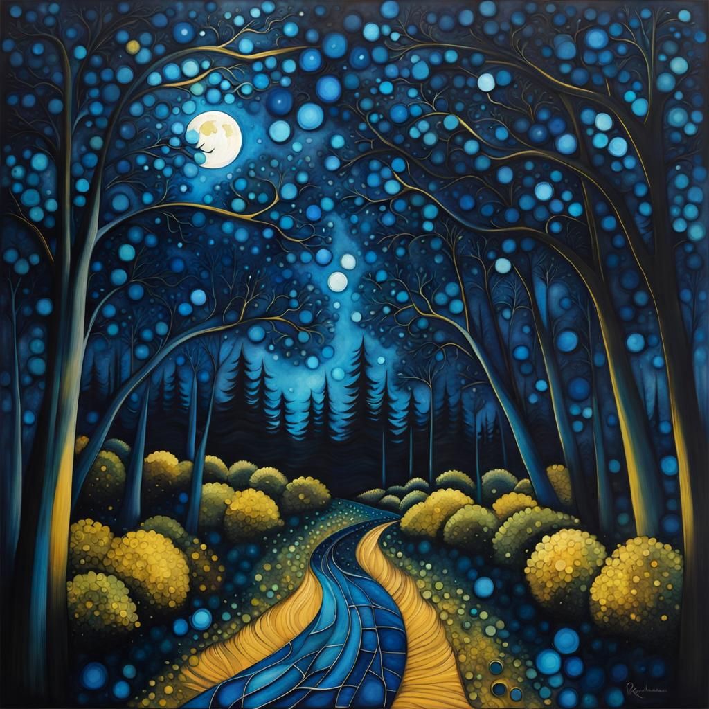 Moonlit Arabesque Forest in Alcohol Ink Style