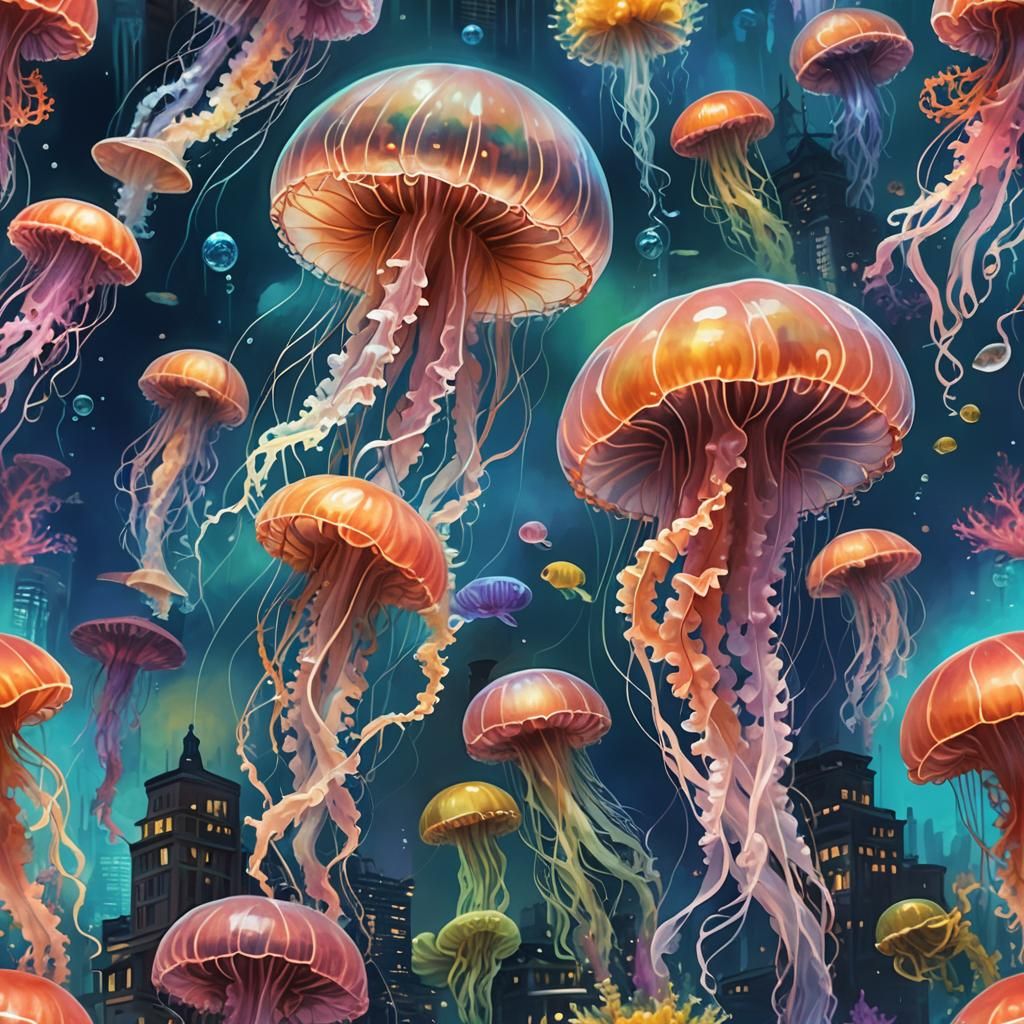 Giant Jellyfish in Bioluminescent Underwater City
